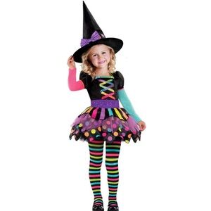 GIRLS 3T-4T 3 PIECE -RAINBOW WITCH HALLOWEEN COSTUME- INCLUDES DRESS HAT TIGHTS,
